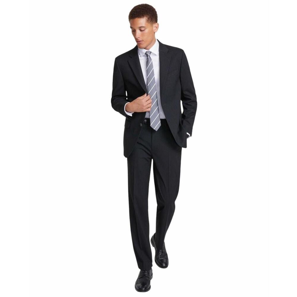 Nautica Mens Modern fit 2 Piece Suit 42 R / 36 Waist Black Striped Stretch - Picture 2 of 5